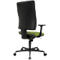 Office chair from behind, black backrest, green seat and black frame.