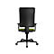 Black office chair, back view, green seat, casters.