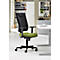 Office chair with black backrest, green seat, and black armrests against a light background.