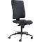 Black office chair with backrest, seat and castors. The chair is made of fabric and designed for use in the office.