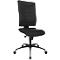 Black office chair against white background. The chair has a high backrest, a seat and a swivel base with rollers.