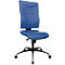 Blue office chair with black frame and castors. The chair has an ergonomic shape and a structured backrest.