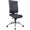 Black office chair, ergonomically shaped, with five castors and chrome base.