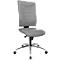 Gray office chair with armrests on rollers. Backrest with horizontal lines, curved seat.