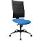 Office chair with blue seat and black mesh backrest. The chair has a black frame with wheels.