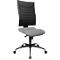 Office chair with a grey seat and black mesh back. The frame is black, with wheels.