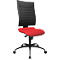 Office chair with red seat and black backrest. The chair has a black frame and castors.