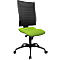 Office chair with black back, green seat and wheels.