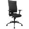 Black office chair with mesh back, armrests and castors, against a white background.