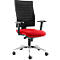 Office chair with black mesh back and red seat. On a silver base with wheels.