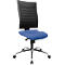 Office chair with blue seat and black mesh back on wheels.