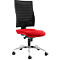 Office chair with black mesh back, red seat, and chrome frame.