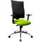 Office chair with black backrest and green seat. Black armrests, silver frame and castors.