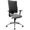 Gray and black office chair with mesh back, armrests and castors. Metal base.