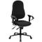 Black office chair with high back, armrests and castors. Details: seat, backrest, armrests and base.