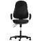 Black office chair, front view. Padded backrest, seat and armrests. Five-foot base with castors.