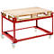 Red, mobile pallet frame with wooden pallet. The pallet rests on a frame with castors.