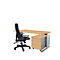 Office chair and desk on a white background. The chair is black, the desk is wood-colored and has a drawer cabinet.