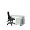 White desk with office chair, on a white background.