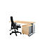 Office desk with chair. The desk is light brown with a gray base. The chair is black.