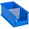 Blaue Sichtlagerbox aus Kunststoff mit grauer Trennwand vor weißem Hintergrund.