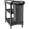 Schwarzer Servierwagen mit drei Ablagen, Mülleimer und Griff. Auf Rollen.