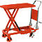 Oranger Scherenhubwagen mit roter Plattform. Sichtbar sind das "Schäfer Shop" Logo und technische Details.