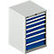 Grau-weisser Werkzeugschrank mit blauen Schubladen. Obere Schublade mit Schloss.