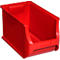 Eine rote, offene Kunststoff-Sichtlagerbox mit Greiföffnung vor neutralem Hintergrund.
