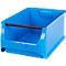 Blaue Sichtlagerbox aus Kunststoff mit schwarzer Metallstrebe an der Vorderseite.