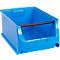 Blaue Sichtlagerbox aus Kunststoff mit schwarzer Querstrebe vor weißem Hintergrund.