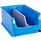 Blaue Sichtlagerbox aus Kunststoff mit einer grauen Trennwand in der Mitte vor weißem Hintergrund.
