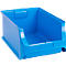 Eine leere, blaue Sichtlagerbox aus Kunststoff vor weißem Hintergrund.