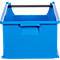 Blaue Kunststoffbox mit offenem Oberteil und einem horizontalen schwarzen Tragegriff.