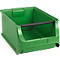 Grüne Kunststoff-Sichtlagerbox mit schwarzer Frontstange auf weißem Hintergrund.