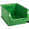 Leere, grüne Sichtlagerbox aus Kunststoff für die organisierte Lagerung von Kleinteilen.