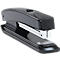 Black stapler lying on a white surface. The stapler is made of metal and plastic.