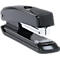 A black stapler. Metal staple mechanism below, black casing, polished surface. 