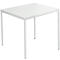 Square white table with four slender legs.