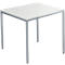 Square table, white tabletop, silver metal legs.