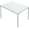 White table with metal legs. The tabletop is rectangular, the legs are cylindrical.