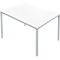 A rectangular white table with metal legs, against a white background.