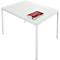 White table with red notebooks. Rectangular tabletop, metal legs.