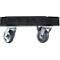Black transport platform with four silver-colored castors, detail shot.