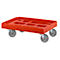 Red rolling cart with gray wheels.