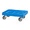 Blue transport cart with four wheels, ready to move goods.
