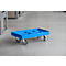 Blue trolley in warehouse. The cart stands on four wheels and has a rectangular loading area.