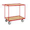 A red serving cart with two levels and wooden shelves. The cart stands on four wheels.