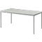 Gray rectangular table with four slender legs. Clean lines, minimalist design.