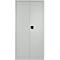 Light gray steel cabinet with two doors and a square black door handle in the middle.